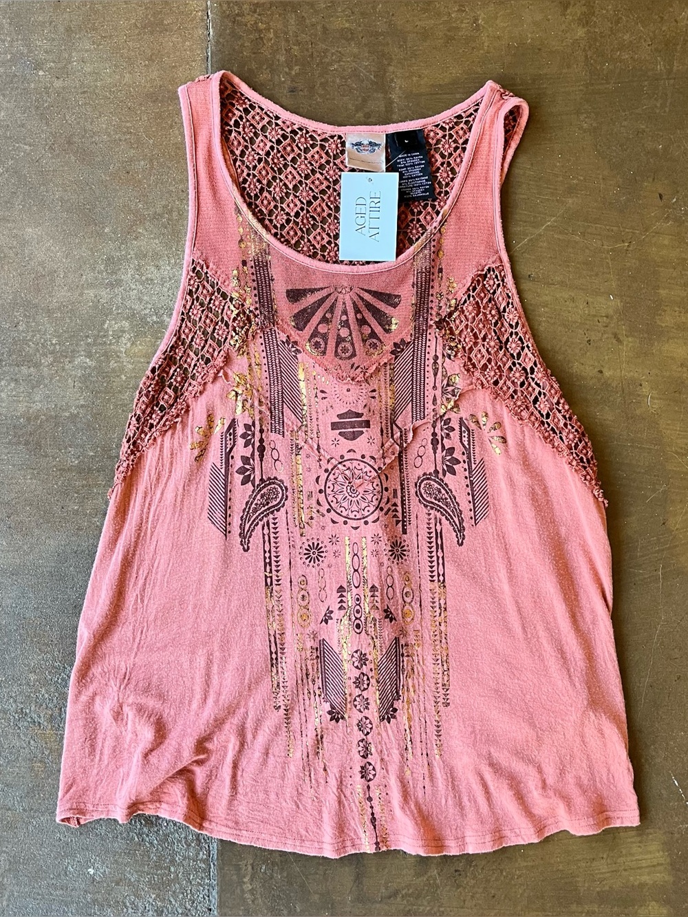 Harley Davidson Peach Pink Boho Cutout Lace Racerback Biker Tank Top Large L